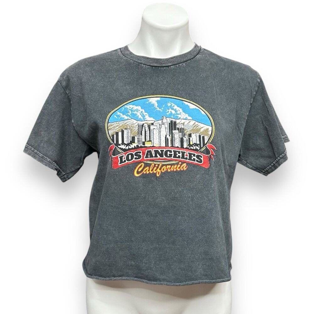 J Galt Brandy Melville T Shirt Tee Black Graphic Los Angeles Crop Raw Hem OS